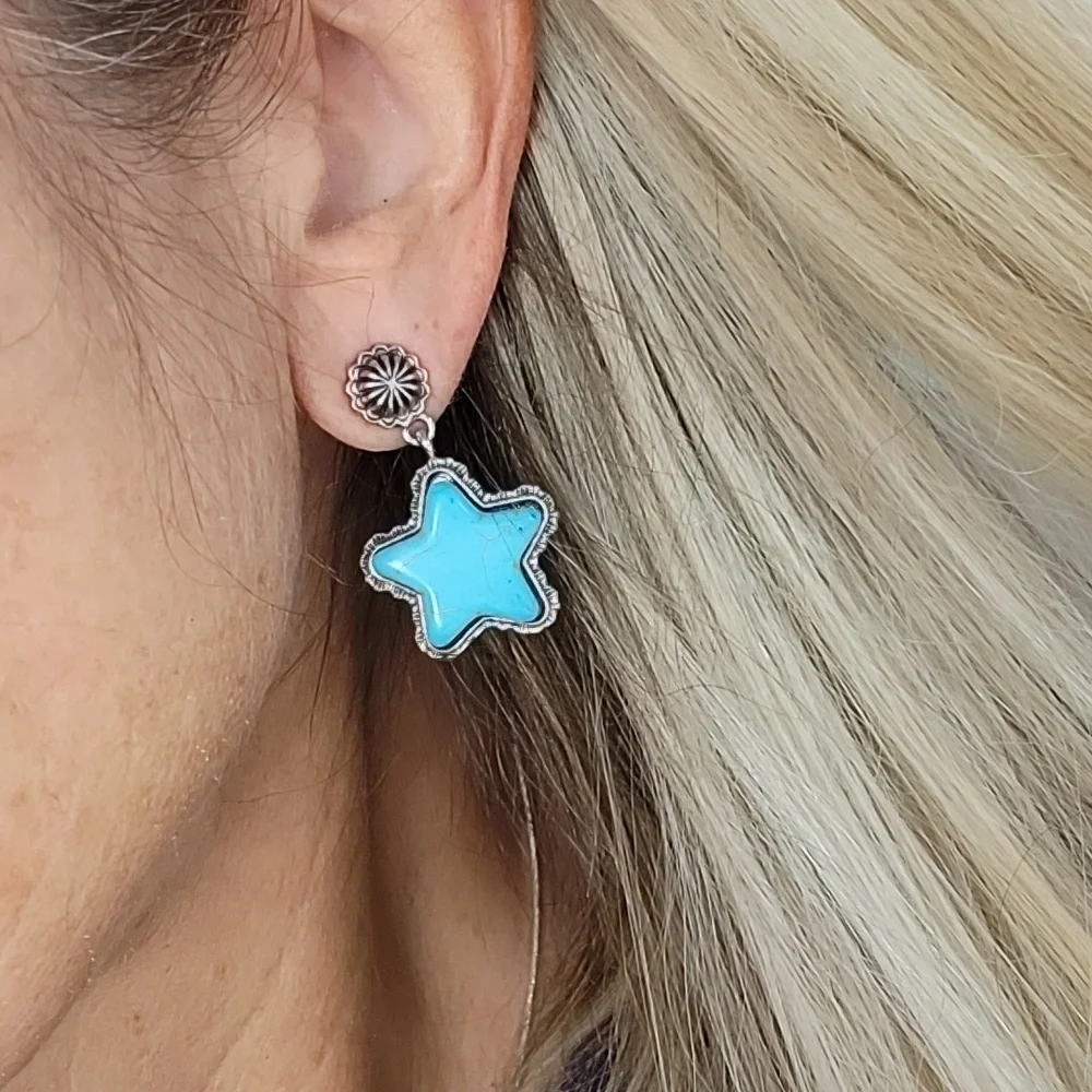 TURQUOISE STAR CONCHO DROP EARRINGS - Picture 1 of 8